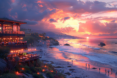 落日海滩边的餐厅图片