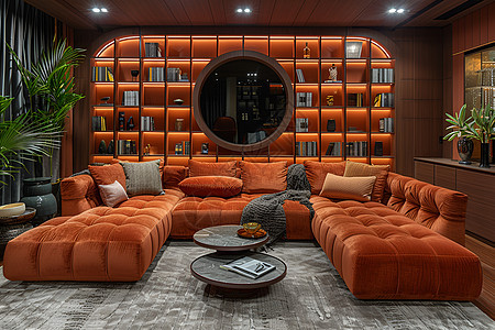 宽敞客厅里的橙色沙发图片