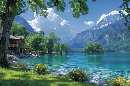 湖畔美景插画图片