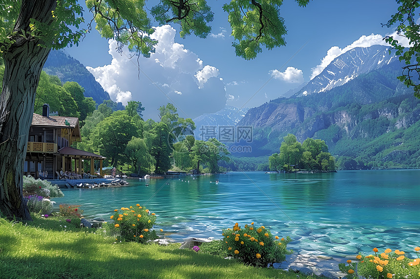 湖畔美景插画图片