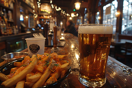 酒吧里的薯条和啤酒图片