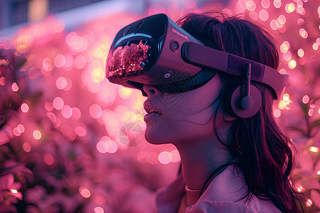 女人戴着粉色VR眼镜图片