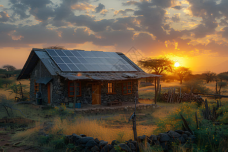 夕阳下的太阳能小屋图片