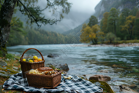 篮子背景河边的野餐食物背景