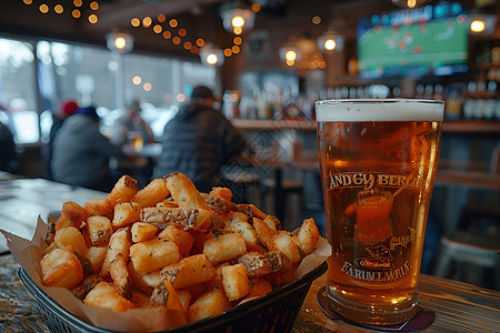 桌子上的薯条和啤酒图片