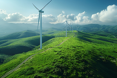 绿色山脉中的涡轮机图片