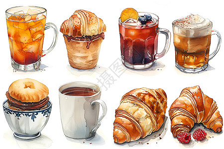 奶茶饮品美味饮品和牛角面包插画