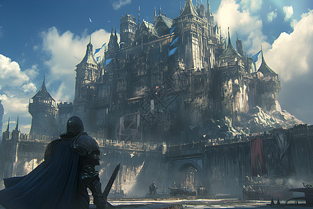 哈尔的移动城堡骑士站在古堡下插画