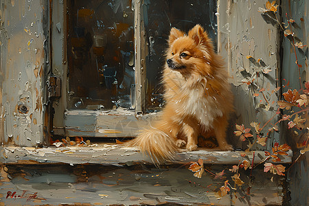 小狗坐在木质窗台上图片