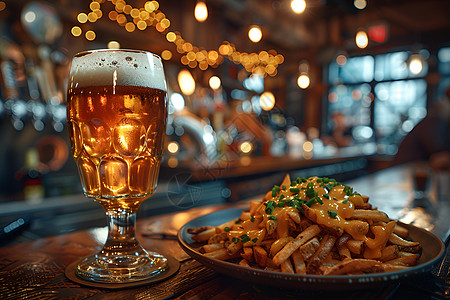 酒吧里的啤酒和薯条图片