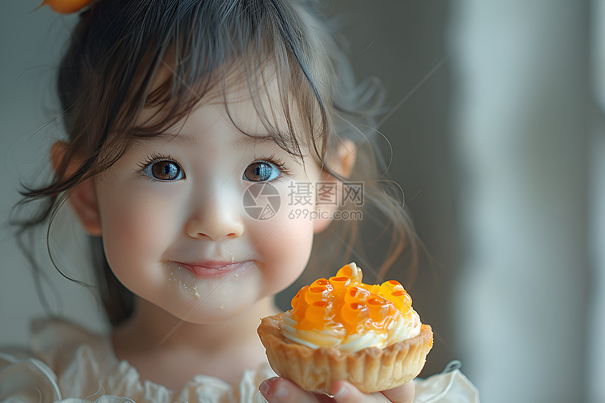 小女孩拿着奶油蛋挞图片