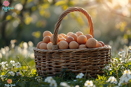 草地上野花草地上一篮鸡蛋背景