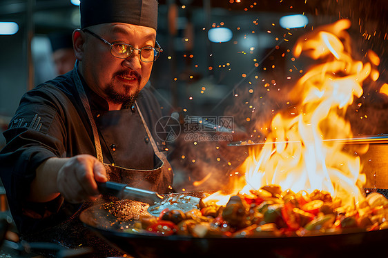 大厨用铁铲翻炒美食图片