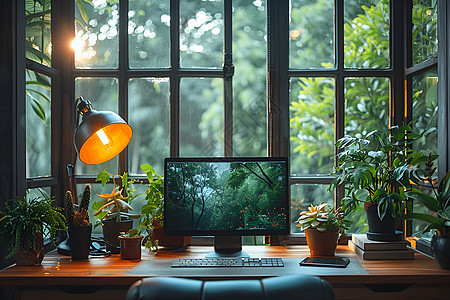 办公桌上的电脑和台灯图片