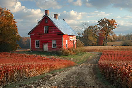 丰收田野里的红房子图片