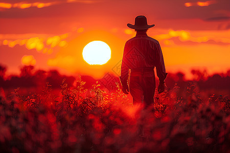 夕阳田野里的农民图片