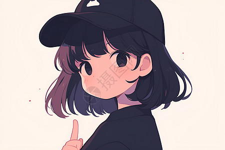 可爱女孩戴着黑色棒球帽图片