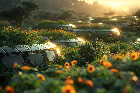 花海里的太阳能电池板图片