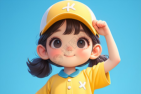 可爱女孩带着黄色棒球帽图片