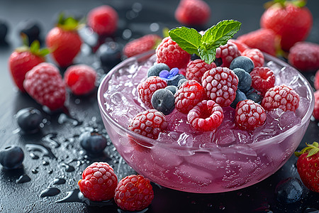 营业中玻璃碗中的树莓背景
