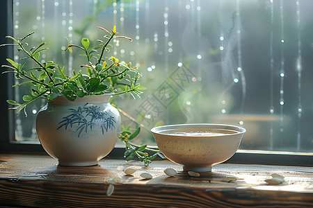 窗边的陶瓷茶具背景