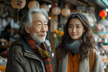 传统建筑下的老人和女孩图片