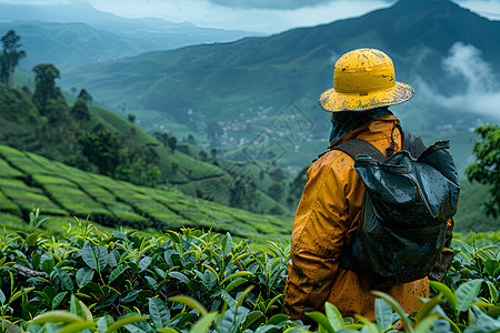 茶园里的一名采茶工图片