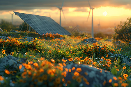 柴油发电机草坪上的太阳能板背景