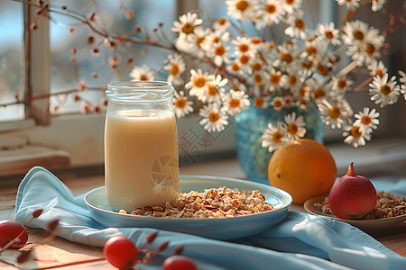 桌子上的牛奶和麦片图片
