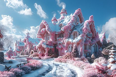 雪地里的粉色房子图片