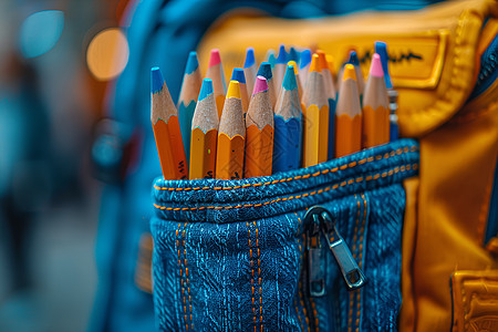 蓝色笔袋里的彩色铅笔图片