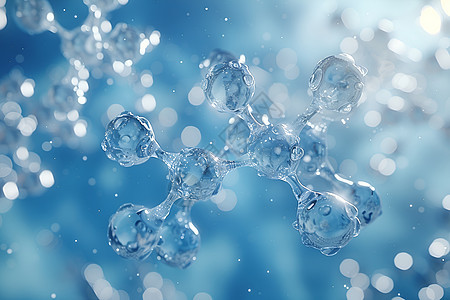 蓝色背景下飘浮的水分子模型图片