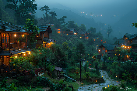 夜幕下的温馨村庄图片