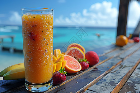 夏日海边果汁饮品图片