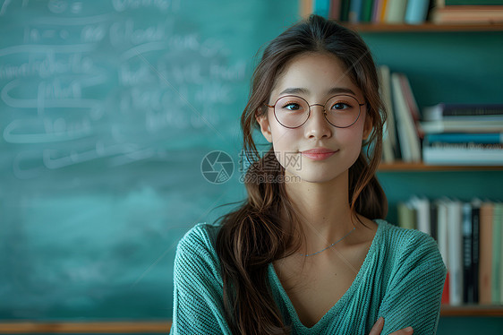 黑板前面带微笑的女孩图片