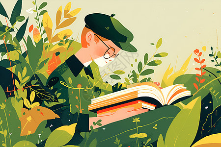 绿色田野中读书的男人图片