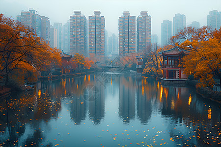 秋色的湖畔城市图片