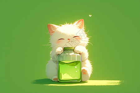 毛茸茸的白猫手持瓶子图片