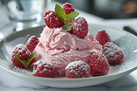 盘子里的树莓冰淇淋图片