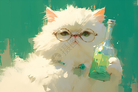 温柔猫咪手持瓶子图片