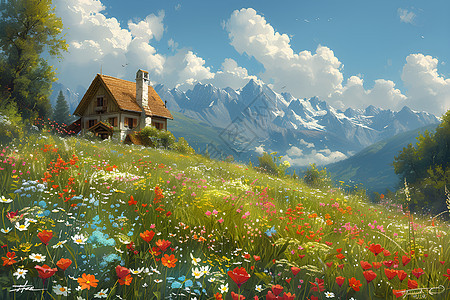田园小屋与绚丽的野花图片