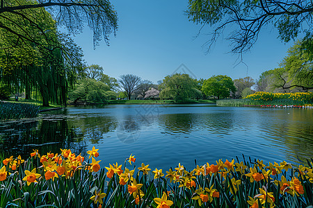 春日清澈的湖面和美景图片
