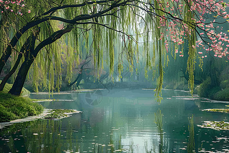 时光风景春日里柳柳垂钓樱花舞影池畔时光背景