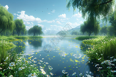 春日垂柳水边倒映的美景图片