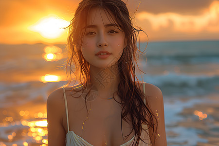 大海美女夕阳下的女孩背景