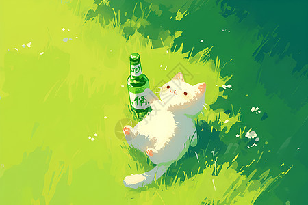 草地上的猫咪和瓶子图片