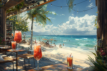 海滩餐厅的一杯橙汁图片