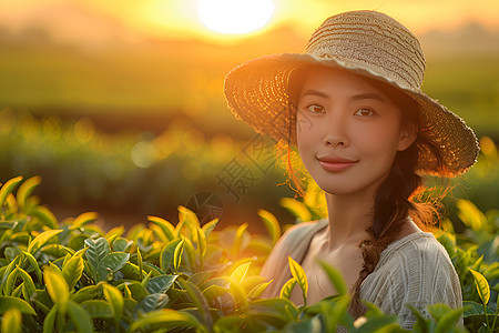 朝阳下茶园的美丽女孩图片