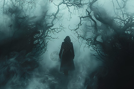 幽暗森林中徘徊的人高清图片