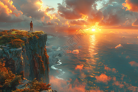 夕阳悬崖上的人图片